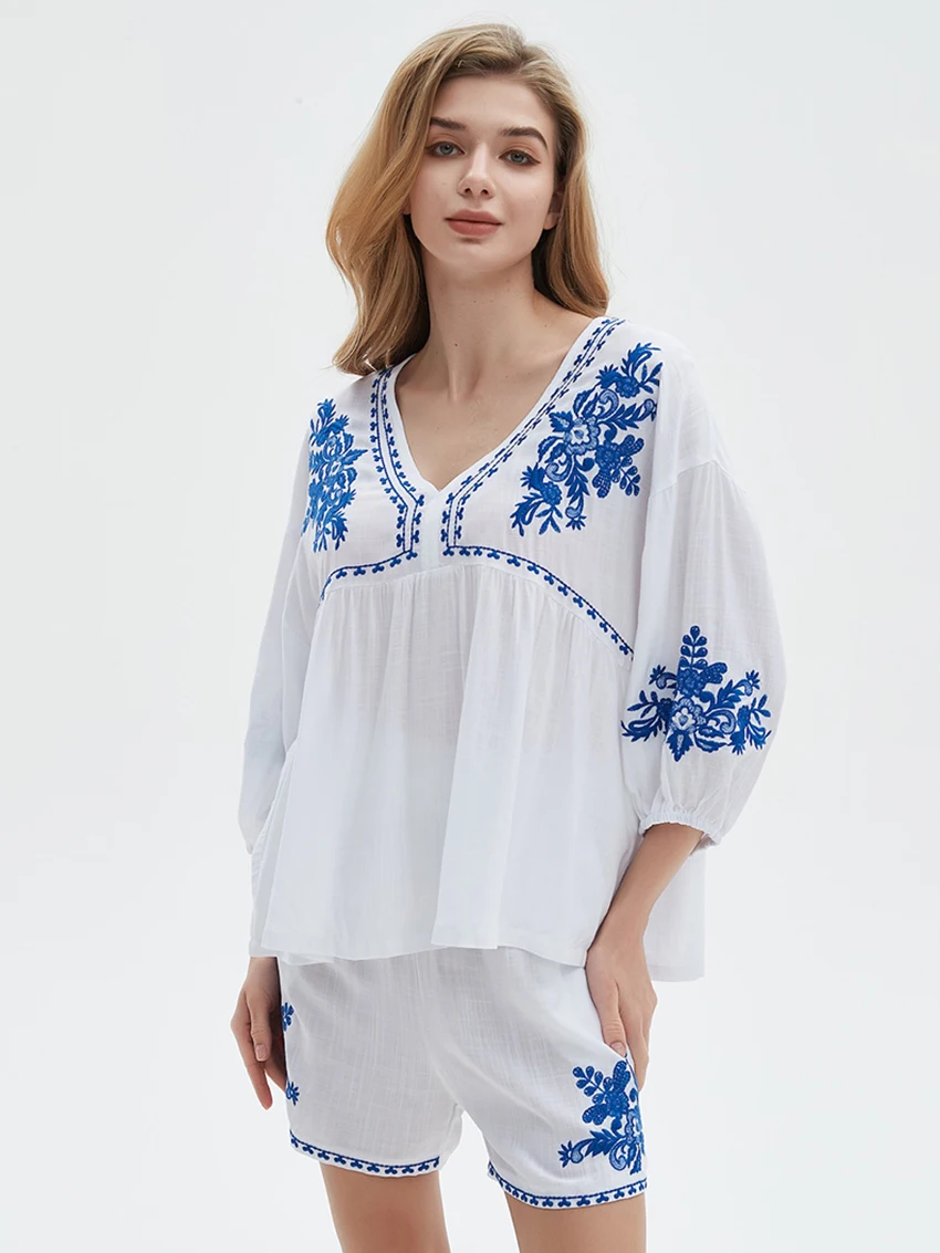 Parc Fee Fashion Loose Print Women's Two Pieces Set 2025 Casual Three-Quarters Sleeve Shirt With High Waist Shorts Set Female