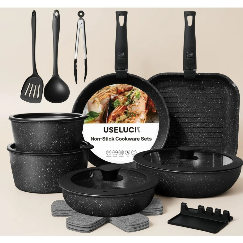 

21-Piece Non-Stick Ceramic Cookware Set, Granite Induction Portable Stackable for RV Camping Kitchen