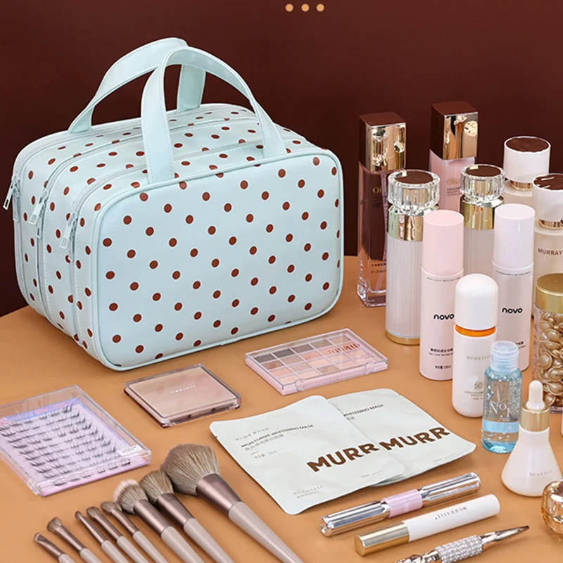 Polka Dot Handheld Makeup Bag Multifunctional Three Layer PU Leather Cosmetic Bag Large Capaci Waterproof Travel Storage Bag