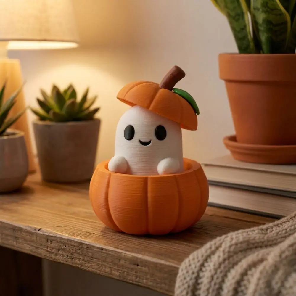 3D Printed Cute Pumpkin Ghost Figurine Cartoon Funny Mini Pumpkin Table Ornament 3-Part Separate Detachable