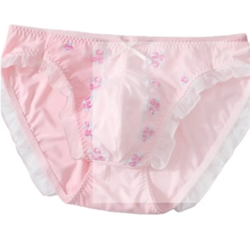 Sweet Cute Sissy Cross-dressing Floral Embroidery Bow Briefs Ruffle Mesh Trim Lingerie Convex Pouch Soft Comfort Man's Panties