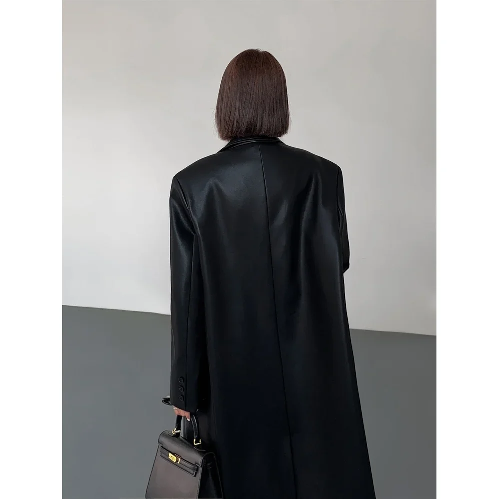 Women Leather Long Jacket Trench Oversized Faux Leather Blazer Button Down Lapel Coat with Pockets Down Shirts/Coats Work Office