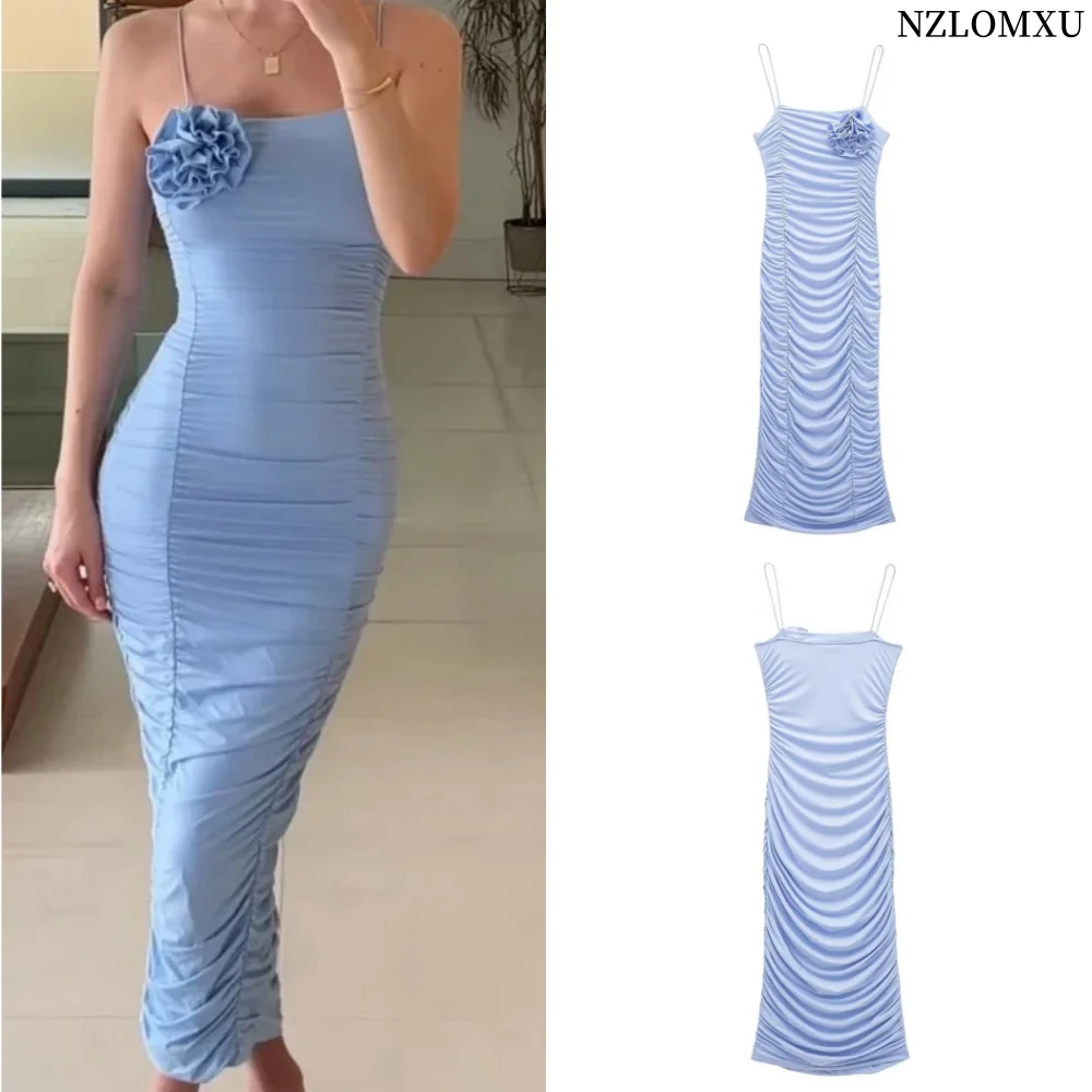 

Women's Sexy Spaghetti Strap Blue Long Summer Floral Decoration Pleated Dress Party Dress Elegant high street dresses