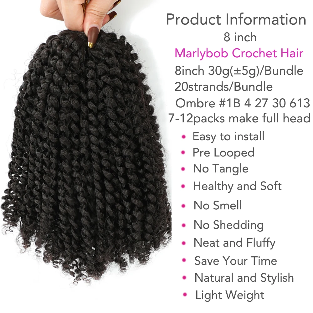 8 inch Short Marlybob Crochet Hair Braiding Bohemian Curly Braids Hair Extension For Women Ombre Afro Passion Marley Curls Hair