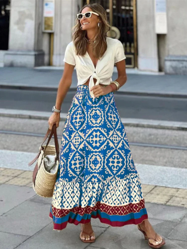 Geometric Print Vintage A-line Maxi Summer Skirt Waist Elastic Long Casual Women Faldas Mujer Spring Boho Beach Skirt