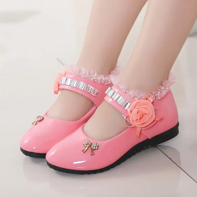 2021 New Flower Girls Shoes Spring Autumn Princess Lace PU Leather Shoes Cute Bowknot Rhinestone For 3-11 Ages Toddler Shoes