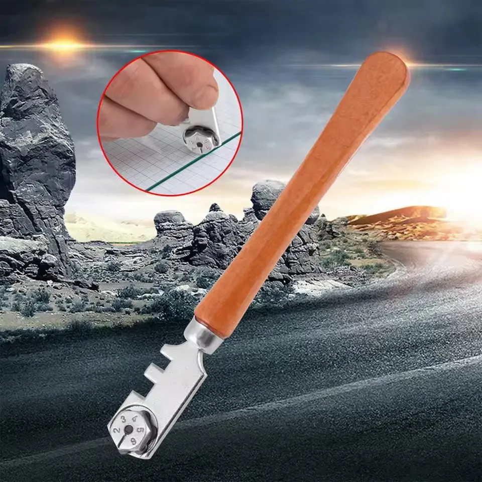 Alat Pemotong Kaca Enam Roda Multifungsi, Pemotong Ubin, Kit Pemotong Kerajinan Roda Logam dengan Gagang Kayu