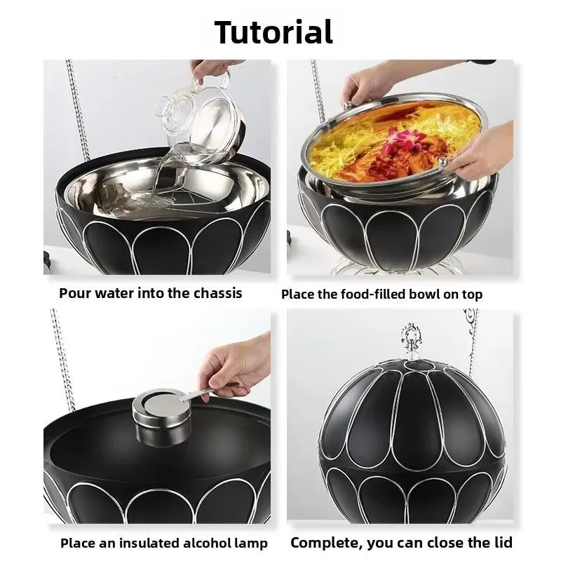 Luxury Stainless Steel Buffet Equipment Black Cheffing Dishes Dome Chafing Dish Hanging Lid Electric 8L Capacity For Restaurant