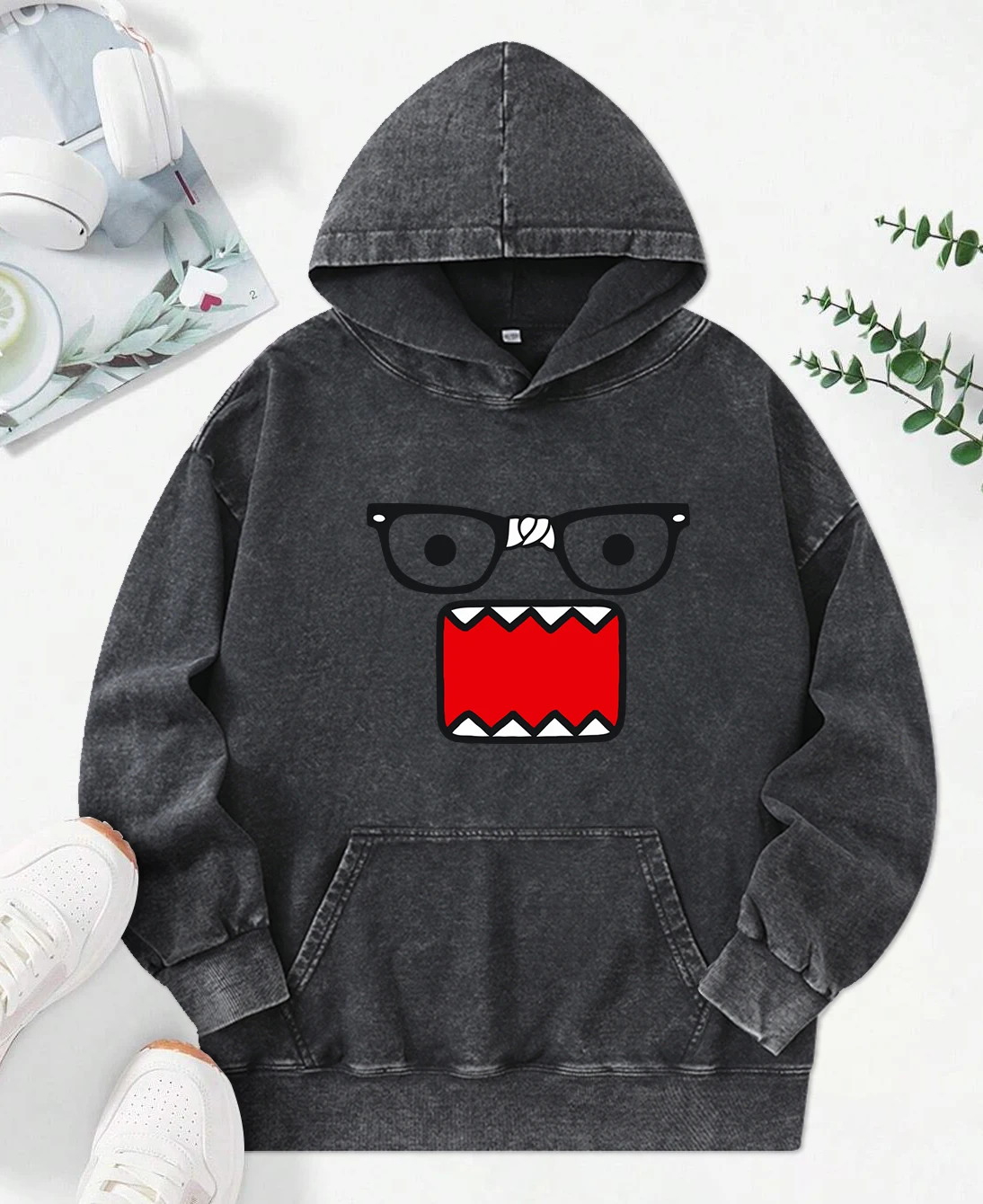 Glasses Surprised Big Mouth Printing Women Washed Hoodies Soft Cotton Clothing Loose Fashion Hoody Casual All-Match Pullovers