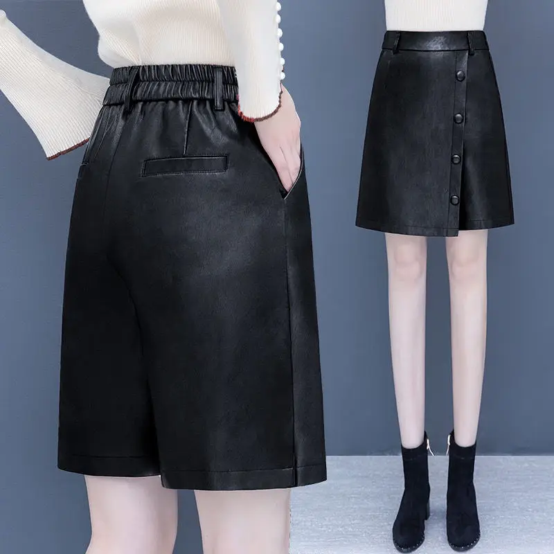 2024 New Fashion Women Faux PU Leather Shorts Ladies Sexy Elegant High Waist with Pocket Short Female Hot Sale Slim T372