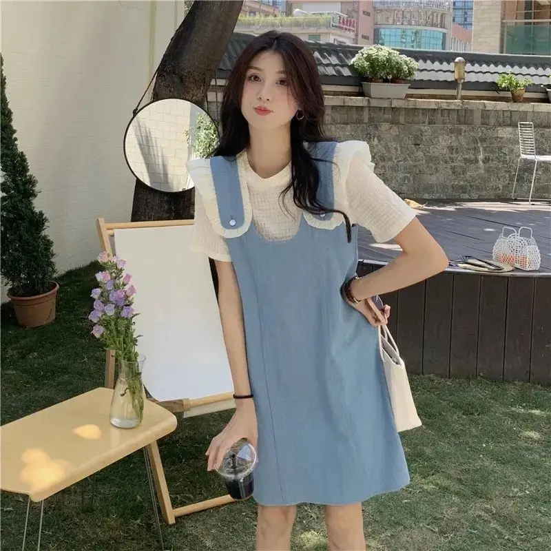 Fashion Women's Set Spring Summer New Korean Edition Deep Blue Denim Strap Dress+Apricot Sweet T-shirt Two Piece Set for Women