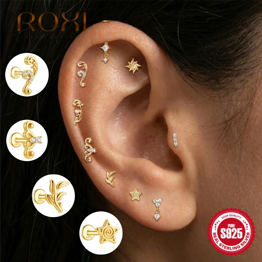 ROXI Boucle d'oreille en argent sterling 925 plaqué or 18 carats avec zircon, motif fleur, étoile, vague, pompon, hypoallergénique, délicate, pour femme, usage quotidien