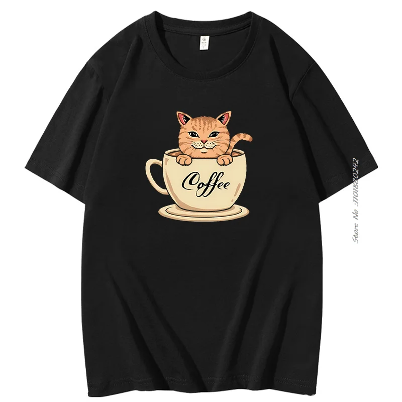 Coffe Cat Cartoon Cute Graphic T Shirts Casual Harajuku Vintage Top Summer 100% Cotton Short Sleeve T-Shirts Loose O Neck Tee