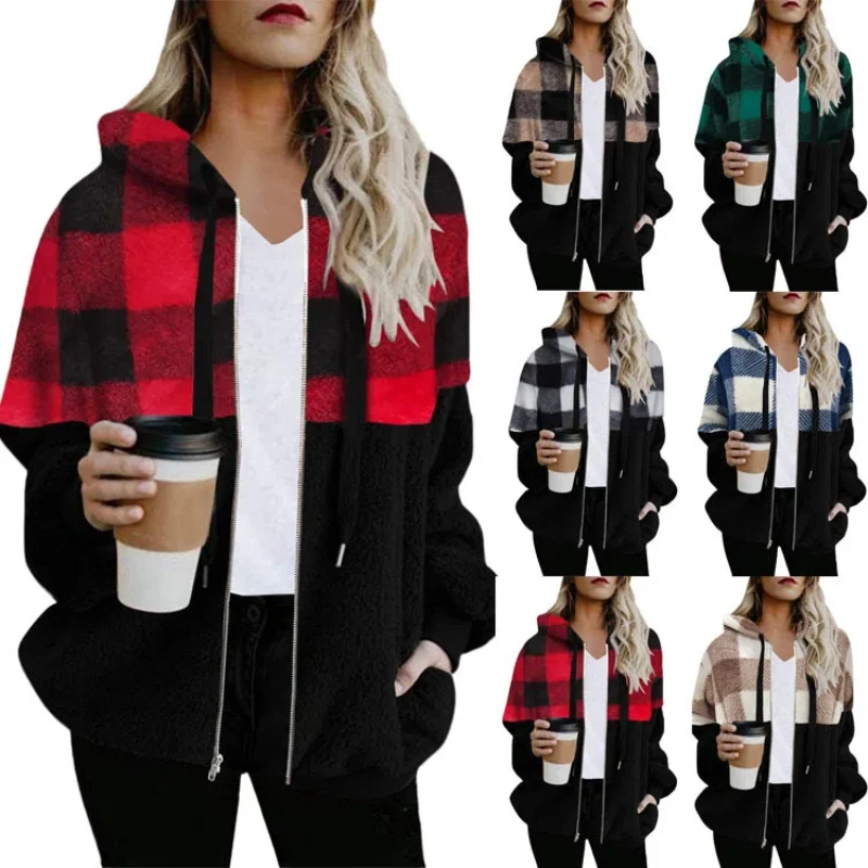 

New Long Sleeve Plaid Hooded Zipper Women's Jacket Loose Fashion Women's Coat New Casual Hooded Zipper Ladies Clothes