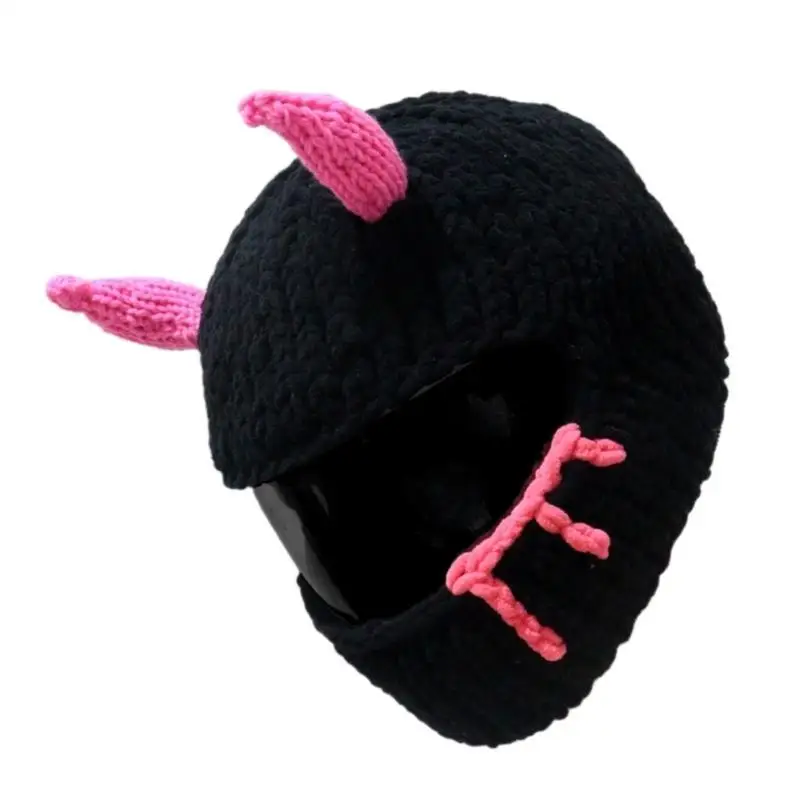 39BD Acrylic Devil Horn Plush Motorcycle Helmets Cover Full Face Protective Cover Knitted Helmets Headcover for Motorcycling