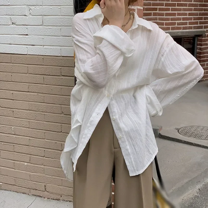 White Sunscreen Shirt Cool Texture Long Sleeve Cardigan Top Summer New Versatile Loose Casual Blouse Shirt Lazy Style Solid Colo