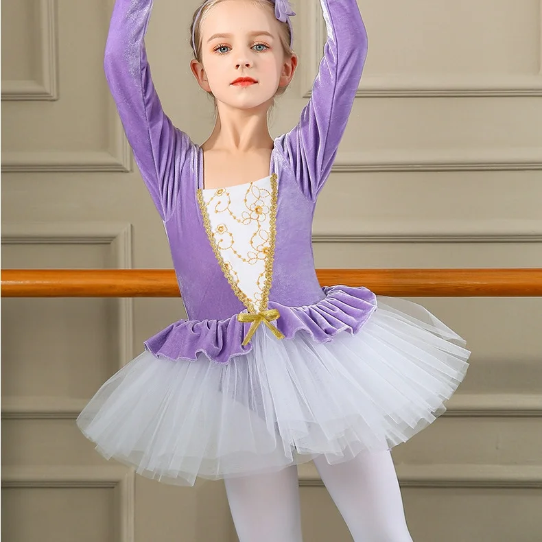 Girls gold velvet ballet fluffy skirt Long sleeve ballet Tutu Dress Training suit Kids Ballet Tutu Dress performance costumes