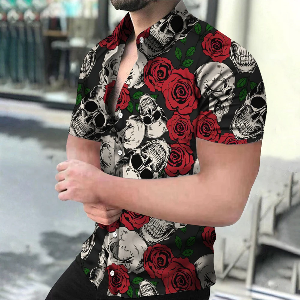 2023 News Hawaiian Horror Skull Men\'s Shirt Floral 3D Print Lapel Single Button Fashion Casual Beach Top Passionate And Spicy