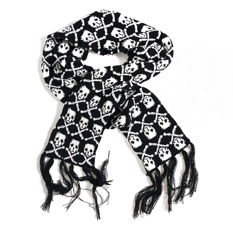 Punk Harajuku Japan Scarf Gothic Y2k Hot Girl Subculture Skull Scarves Warm Knit Scarf Black White Winter Scarves