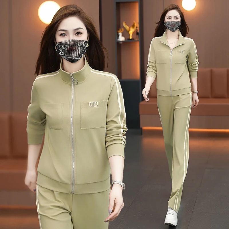 

Повседневный спортивный костюм женский весна-осень 2025: модный облегающий комплект для бега из двух предметов с длинными рукавами и застежкой-молнией