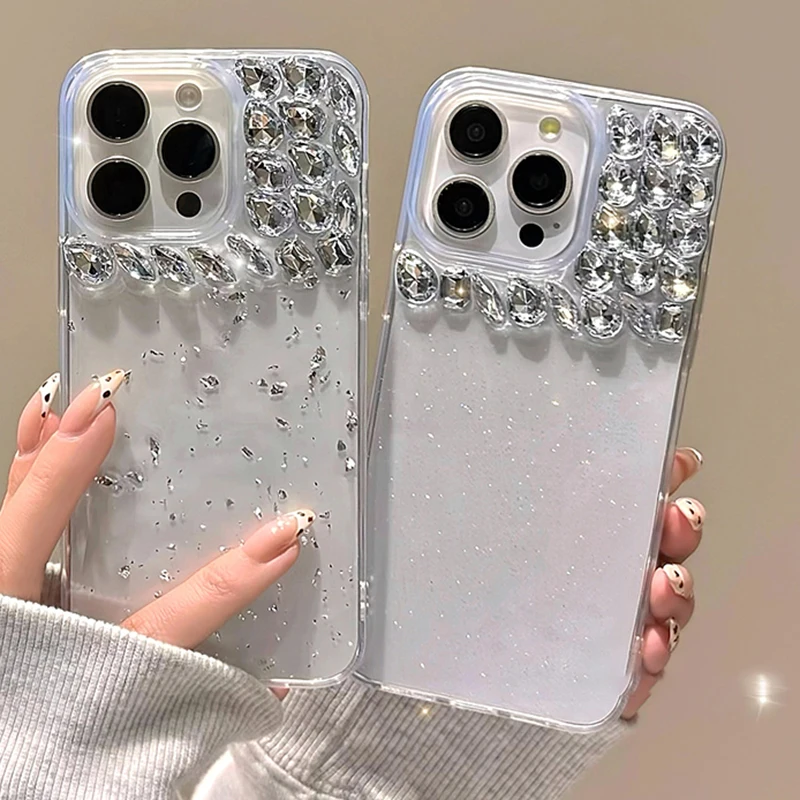 INS Luxury Glitter Epoxy Rhinestone Silver Foil Phone Case For Apple Phone 15 14 13 12 Pro Max Clear Shockproof Back Cover Funda