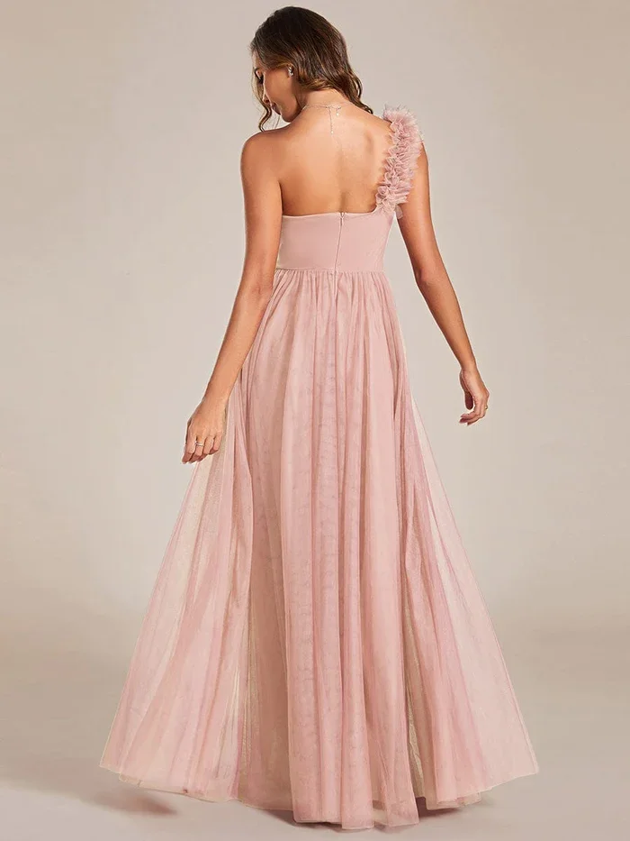 Backless  Pleated Sweetheart Neckline One Shoulder with Floral Tulle High Slit A-Line Long Bridesmaid Dress