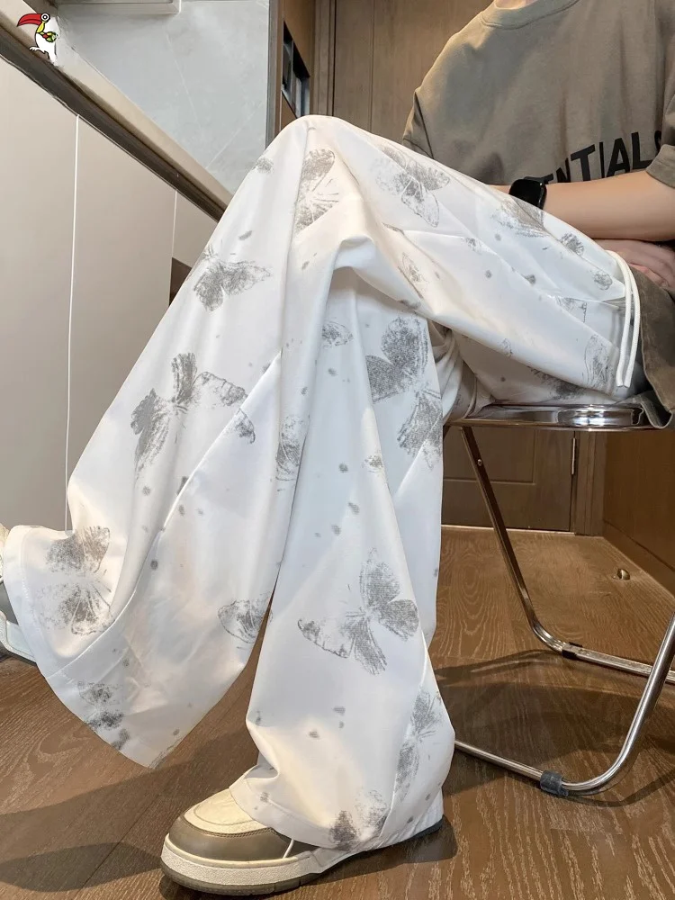 

Ice Silk Casual Pants Men Summer Thin Straight Loose Wide Leg Long Trousers Print Comfortable Drapey Lightweight