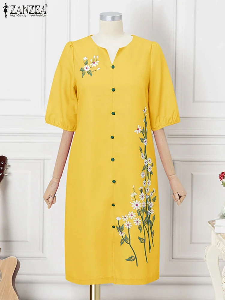 ZANZEA élégant genou longueur Robe femmes imprimé fleuri Robe d'été col en V Vintage demi manches été robes 2025 Robe décontractée