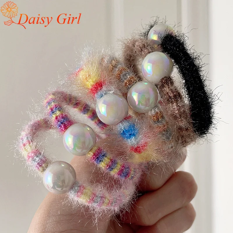 New Sweet Rainbow Wool Hair Tie Elegant Does Not Damage Women Hair High Elastic High Ponytail Pearl Hair Rope Hair Accessories