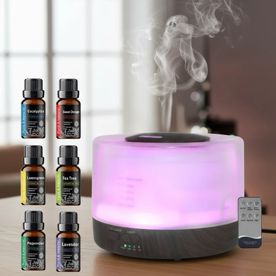 

500ml Aromatherapy Diffuser, 6 Essential Oils, 7 Color Mood Lights, Auto Shut-Off, Ultrasonic Quiet Operation