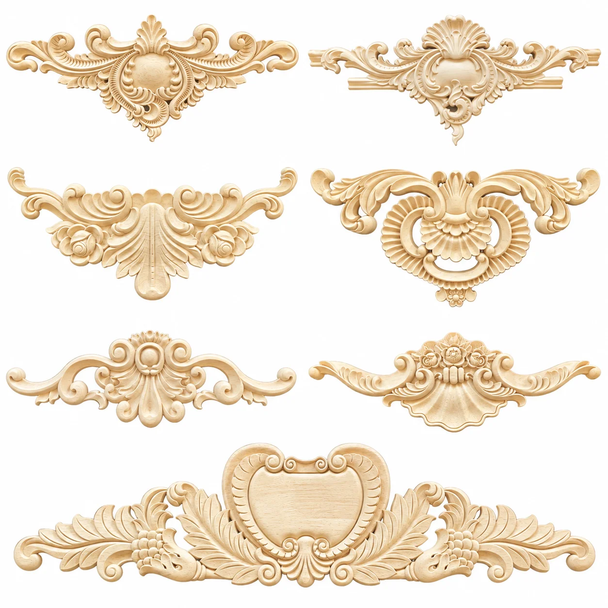 Carved wood appliqués and European-style solid wood decorative panels; suitable for cabinet doors, interior DIY projects, and fu