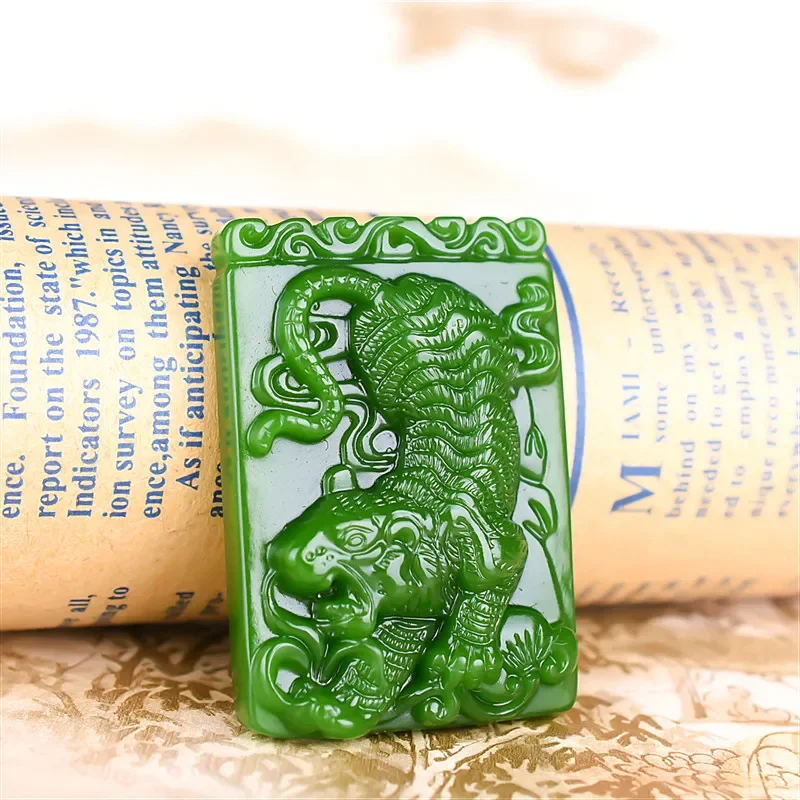 Natural GreenHand-Carved  Tiger  Pendant Tiger Jade Pendant Tiger Jade Pendant Spinach Green Jade Brand