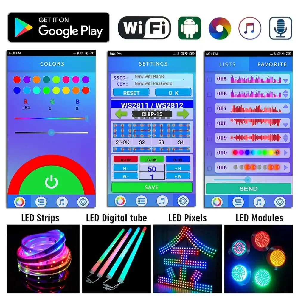 Controller RGB per spettro musicale WIFI SPI LC2000B per striscia pixel digitale LED WS2812B Controller schermo LED da 8-2048 pixel con integrato