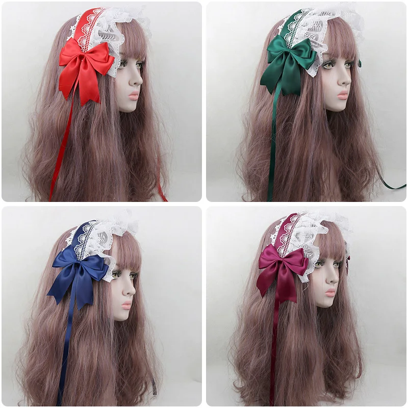 Lolita Kawaii Lace Ruffled Ribbon Bow Headband With Hairpins Sweet Girls Maid Hairband Cosplay Anime Headdress Hair Accessories