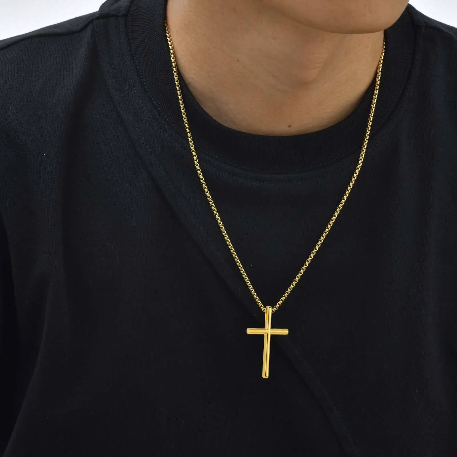 Simple Cross Necklace for Men Boys,Cross Metal Necklace with Stainless Steel 55/55CM Box Chain,Hip Hop Causal Jewelry Gifts