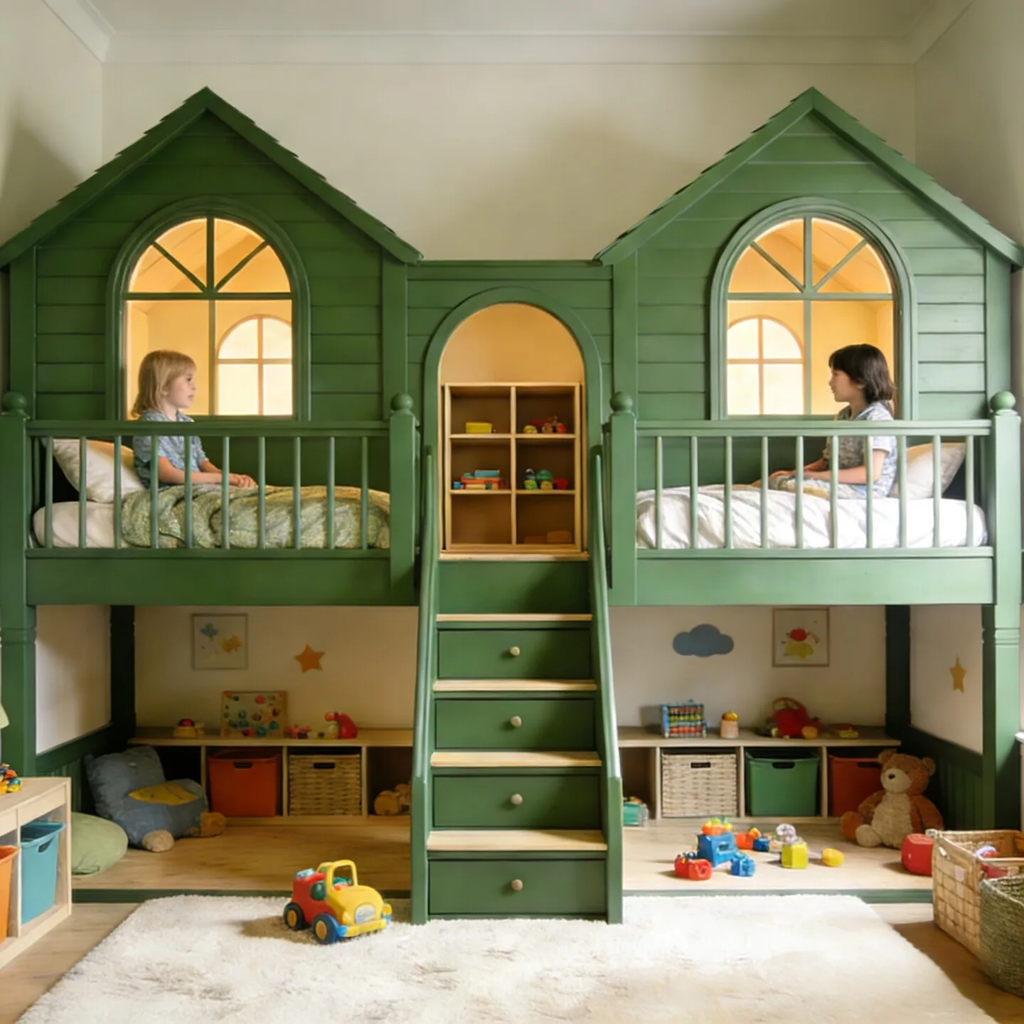 American solid wood children's tree house bed bunk small apartment high and low ladder cabinet castle princess bed