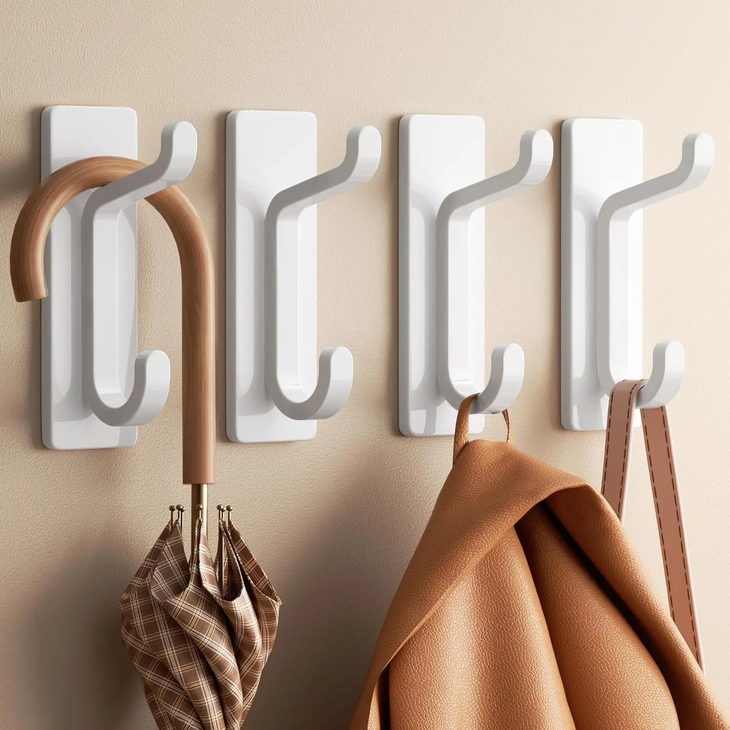 خطافات حائط لاصقة سعة 13 رطل، بيضاء - 4 عبوات للمعطف، المنشفة، الباب، خالية من الضرر #1