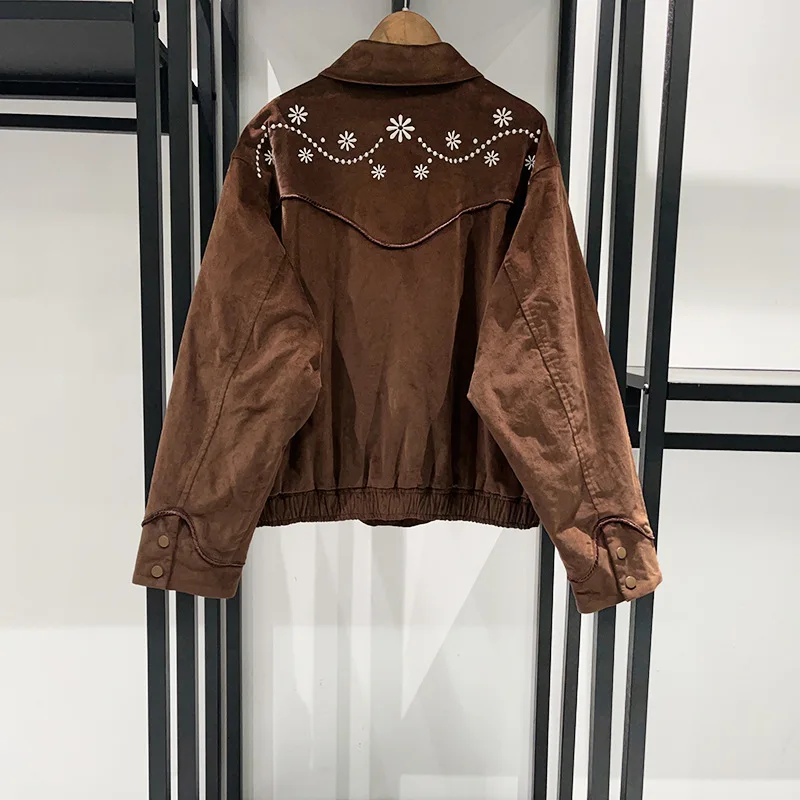 【Gift Free】Korean Niche 2025 Autumn Winter Fashion Embroidered Floral Western Style Collar Low-Maintenance Flight Jacket