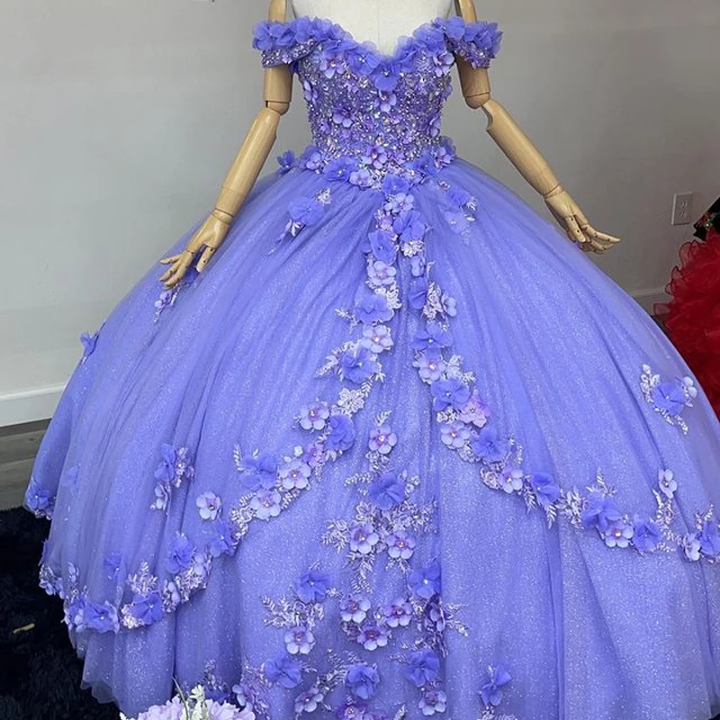 

Lavender Quinceanera Dresses With 3D Floral Applique Beading Elegant Off Shoulder Corset Back Sweet 16 Dress robe de Prom Dress