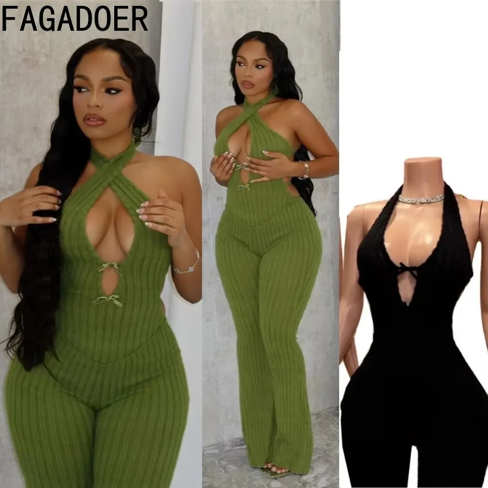 

FAGADOER Sexy Knit Bodycon Jumpsuit Women Green Halter Backless Hollow Out Patchwork Rompers Female Streetwear Overalls 2025 New