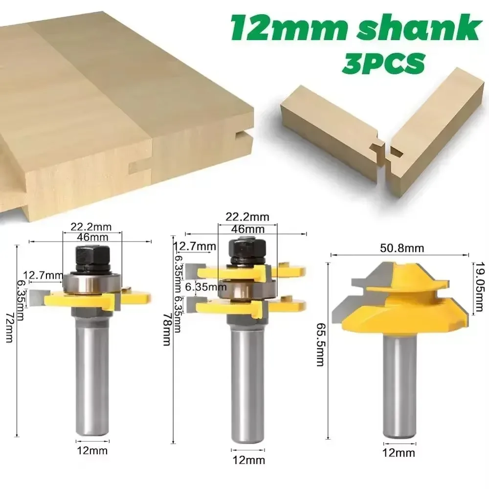 

3PC/Set 1/2" 12.7MM 12MM Shank Milling Cutter Wood Carving Tongue and Groove Router Bit Tool Set 45 Degree Lock Miter Router Bit