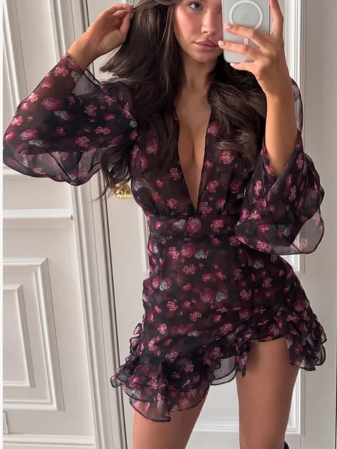 Women's Printed V-neck Short Sleeve Waist Cinching Mini Dress Chic A-line Bodycon Dresses 2026 Lady Summer Vacation Sweet Robes