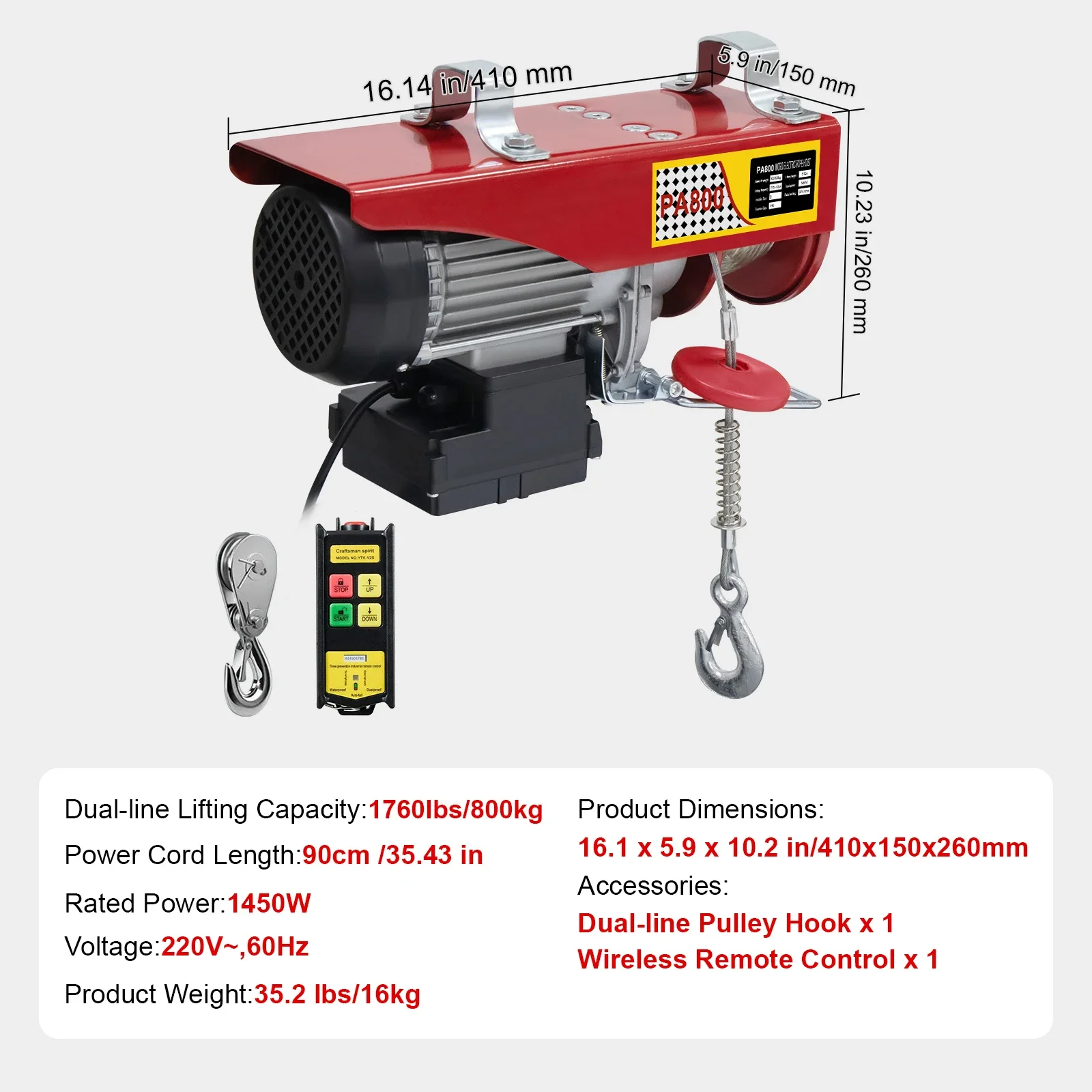 Elektrische Winde | SIHAO Elektrischer Hebekran mit Kabelloser/Kabelgebundener Steuerung 440LBS-2200LBS Tragbarer Elektrischer Hebekran Seilzugwinde für Boot Auto Garage Aufzug – Detail 12