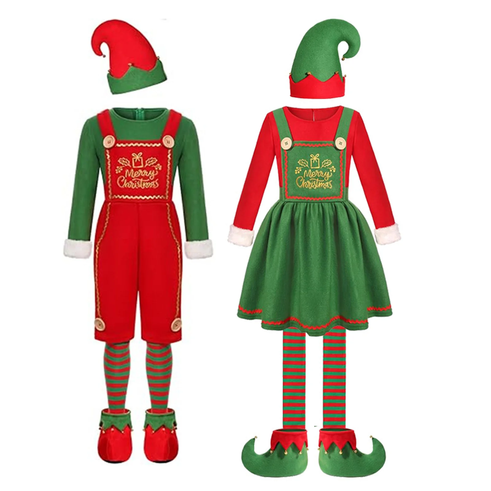 

6 Piece Christmas Elf Costume Women's Green Dress Red Striped Stockings Xmas Fancy Halloween Holiday Party Set for Unisex