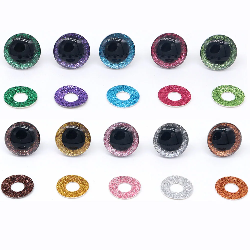 10 Stück 18-24mm 3D Glitzer Kunststoff Sicherheitsaugen für Amigurumi Trapezförmige Häkelpuppen mit Unterlegscheiben DIY Puppen Bastelbedarf