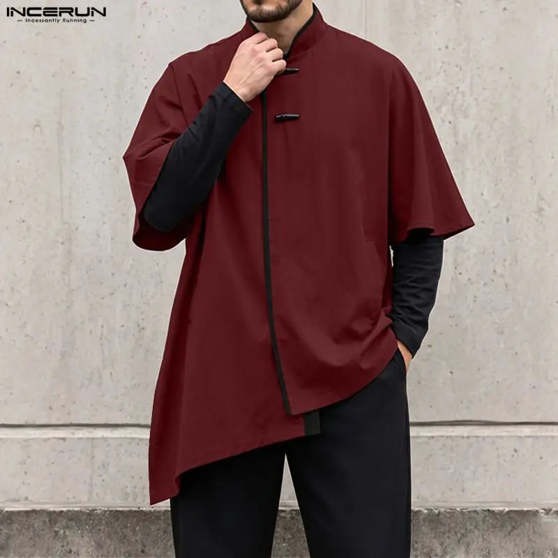 INCERUN Men's Irregular Shirt Cloak Patchwork Stand Collar Half Sleeve Ponchos For Man Streetwear Loose Fashion Men Clothes Tops
