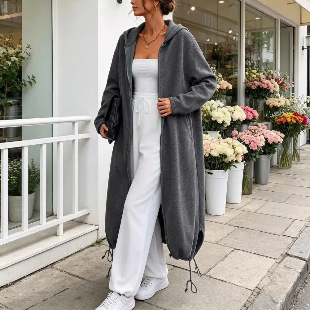 Winter Jacket Zip Front Long Coats Women’s Long Hooded Jacket for Fall Winter Oversized Zip-up Coat Solid Color Tunic Hoodie