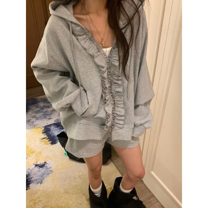 2026 Korean Chic Design Wood Grain  Splicing Hat Sweatshirt Jacket Casual Shorts Two-Piece Set Women's Fashion Autumn Col...