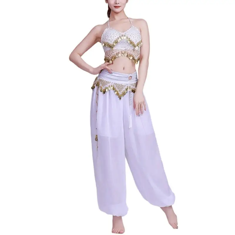 652F Conjunto fantasia dança do ventre com renda, moedas, sutiã, top, lanterna, calças, fantasia Halloween