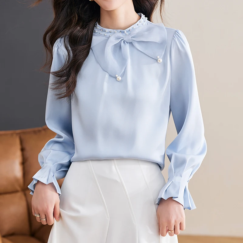 QOERLIN Light Blue Blouse Women Korean Chic Nailed Bead Bow Solid Color Chiffon Shirts FemaleTemperament Casual Long Sleeve Tops